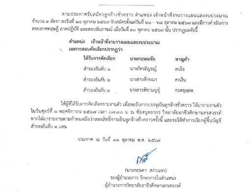 ผลการคัดเลือกบุคคลเพื่อบรรจุเป็นลูกจ้างชั่วคราว ตำแหน่ง เจ้าหน้าที่งานวางแผนและงบประมาณ